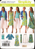 Simplicity 4193 Summer Wardrobe: Kimono Jacket, Skirt, Sash, Gaucho Pants, Dress and Top, Uncut, Factory Folded Sewing Pattern Size 10-18