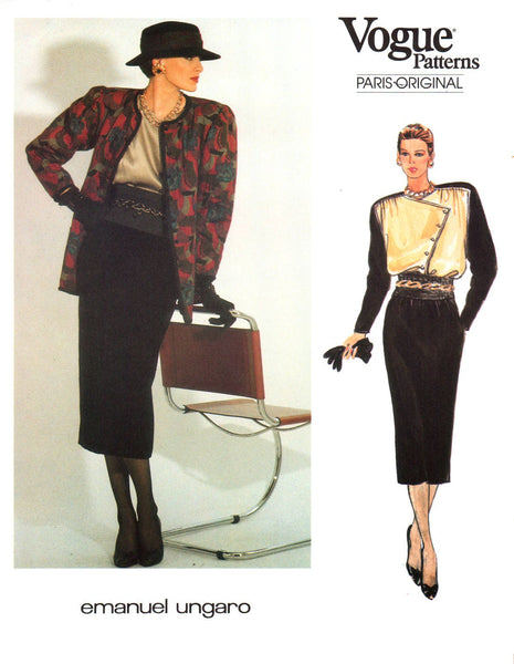 Vogue Paris Original 1468 Emanuel Ungaro Jacket, Asymmetrical Closing Blouse & Straight Skirt  Uncut, F/Folded, Sewing Pattern Size 10