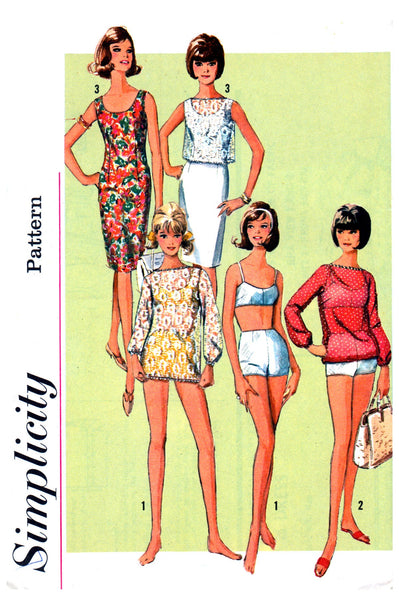 Simplicity 5978 Sheath Dress, Retro Bikini and Sheer Cover Up Tops, Uncut, Factory Folded, Vintage Sewing Pattern Size 12 Bust 32