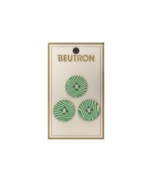 Vintage Beutron approx. 0.7" (1.7 cm) Carded Green White Striped 4-Hole Buttons Three Pieces