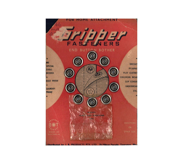 Vintage 50s Gripper Fasteners End Button Bother, 2 cards, missing rings and attachment tool, Made in Australia, Haberdashery Supplies,