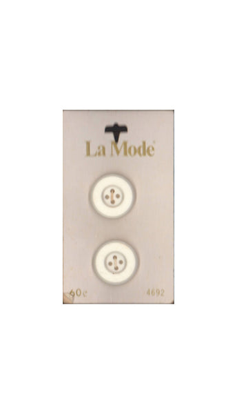 60s La Mode 3/4" (19 mm) Carded Concaved Four Hole White Buttons, Made in Japan (B115) Two on Card