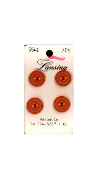 60s Lansing 5/8" (15 mm) Carded Orange Concave Four-Hole Buttons, (B130) Four on Card