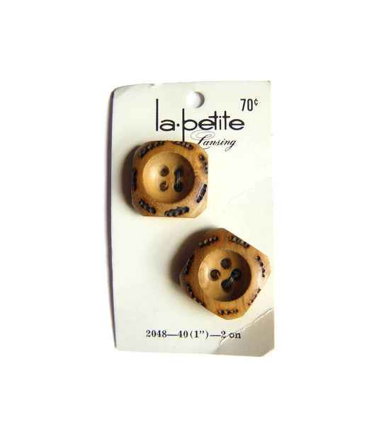 70s Lansing 1" (25 mm) Carded Chunky Wooden Concave Square Four Hole Buttons, (B145) Two on Card
