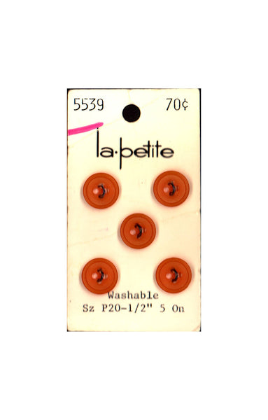 60s La Petite 1/2" (12 mm) Carded Orange Concave Four-Hole Buttons, (B131) Five on Card