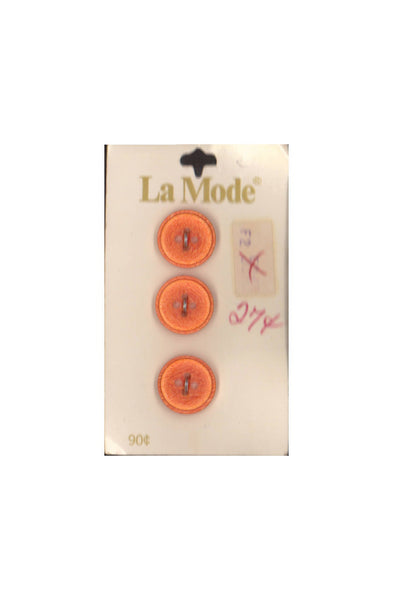 60s La Mode 5/8" (16 mm) Carded Orange Concave Four-Hole Buttons, (B85) Made in Holland, Three on Card