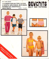 Bevknits 3003A Childrens' Raglan Tops, Slacks, Shorts, Swimwear or Underwear, Uncut, Factory Folded, Sewing Pattern Multi Size 2-12