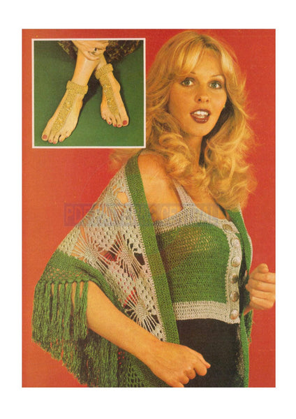 Crocheted 1970s Lurex Top, Shawl and No-Shoe Sandals Bust Size 85 cm Instant Download PDF 2 pages