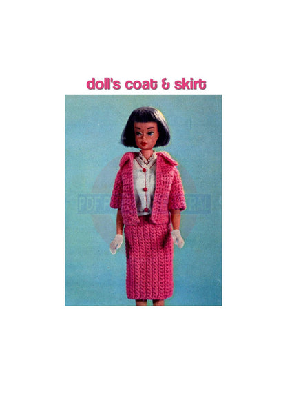 Vintage 60s Crocheted Coat and Skirt for a  11" (27.94 cm) Doll such as Barbie or Sindy, Crochet Pattern, Instant Download PDF 2 pages