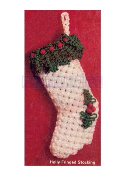 Vintage 70s Macrame Holly Fringed Stocking Pattern Instant Download PDF 2 + 2 pages