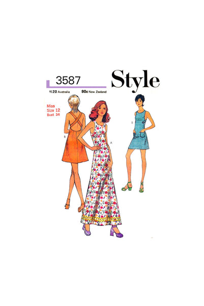 70s Sleeveless Dress in Two Lengths with Crossover Back Shoulder Straps, Bust 34 Waist 26.5 Hip 36, Style 3587, Sewing Pattern Reproduction