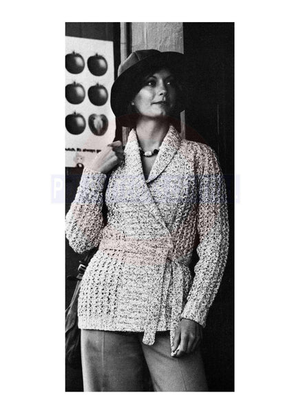 Vintage 70s Wrap-over, Raglan Sleeved, Tie-Belted Jacket with Rolling Collar Knitting Pattern Bust Size 34-40" Instant Download PDF 2 pages