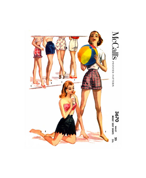 50s Sissy Pinup Shorts; Rockabilly Beachwear, Six Style Variations, Waist 23 or 30, McCall's 3670 Vintage Sewing Pattern Reproduction