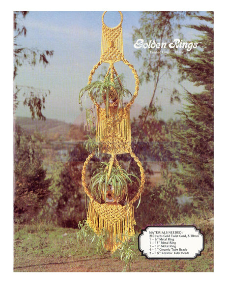 Vintage 70s Macrame Golden Rings Plant Hanger Pattern Instant Download PDF 2 + 1 pages