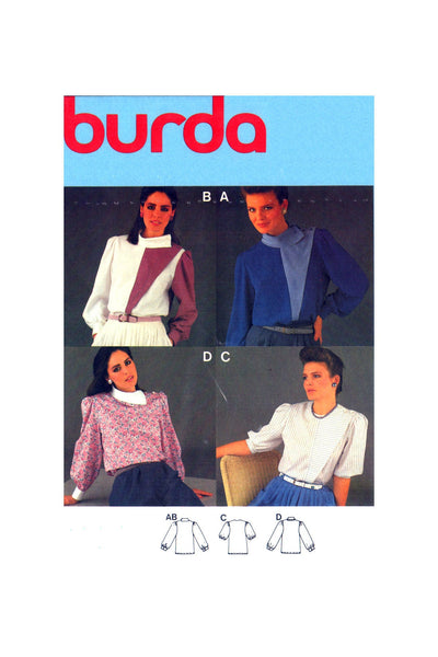 Burda 7211 Retro Blouse with Asymmetrical Panel, Collar & Sleeve Length Variations Uncut, Factory Folded, Sewing Pattern Multi Size 8-18