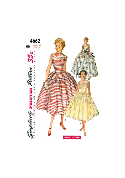 50s Evening Dress with Full Gathered Skirt in Two Lengths, Bust 34" Waist 28" Hip 37" Simplicity 4662 Vintage Sewing Pattern Reproduction