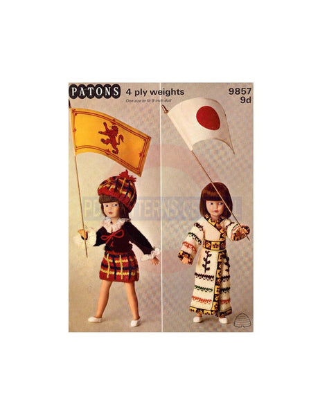 Vintage 60s Knitted Japanese and Scottish Dolls Clothes Patterns for 9 inch/23 cm dolls, Instant Download PDF 4 pages