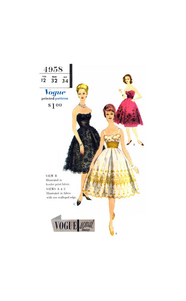 50s Camisole Bodice Evening Dress with Gored Skirt and Cummerbund, Bust 32" Waist 25" Hip 34" Vogue 4958 Vintage Sewing Pattern Reproduction
