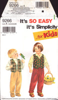1994 Simplicity 9266 Boys', Girls', Childrens' Pants and Lined Vest, Uncut, Factory Folded Sewing Pattern Multi Size 2,3,4,5,6,6X children