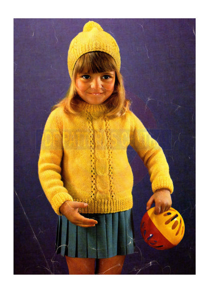 Vintage 70s Knitted Child's Raglan Sleeve Sweater and Cap for 4, 5 or 8 ply yarn, Knitting Pattern Size 22-28 Instant Download PDF 4 pages
