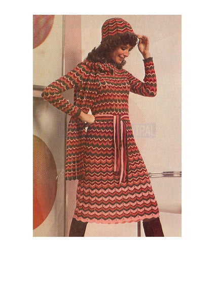 1970s Knitted Long-Sleeved Dress with Scarf and Head Cap Bust Size 31-38" Instant Download PDF 3 pages