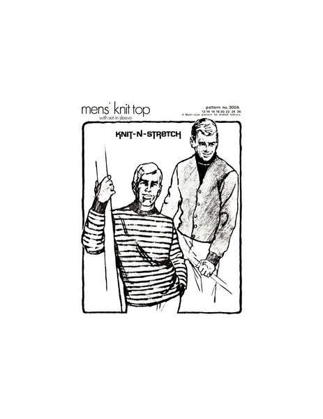 70s Mens' Knit Top or Cardigan with Set-In Sleeves, Knit-N-Stretch 300A, Multi-Size 12-26, High Quality Vintage Sewing Pattern Reproduction