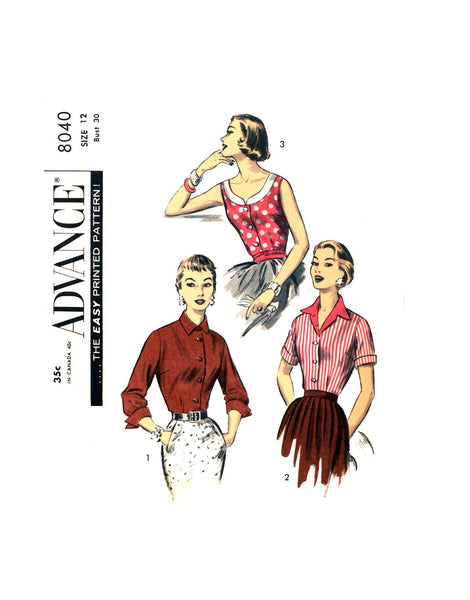 50s Three Blouses with Sleeve Length & Neckline Style Variations, Bust 30 Waist 25 Hip 33, Advance 8040 Vintage Sewing Pattern Reproduction