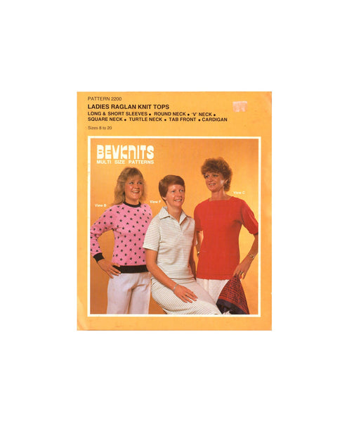 Bevknits 2200 Raglan Knit Tops, Tab Front & Cardigan with Neckline Variations, Uncut, Factory Folded Sewing Pattern Multi Plus Size 8-20