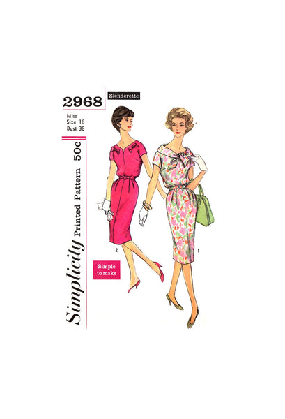 50s Blouson Dress with Rounded Neckline, Kimono Sleeves and Slim Skirt, Bust 38 Waist 30 Hip 40, Simplicity 2968 Sewing Pattern Reproduction
