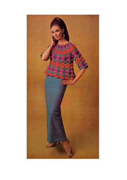 60s Colourful Mexican Fiesta Crocheted 3/4 Sleeved Pullover Pattern Bust Size 31-36 Instant Download PDF