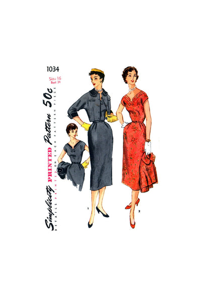 50s Slim Sheath Dress with Kimono Sleeves, V-Neck and Jacket, Bust 34 Waist 28 Hip 37, Simplicity 1034 Vintage Sewing Pattern Reproduction