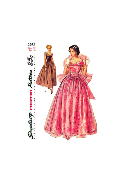 40s Ankle or Floor Length Evening Dress with Stole, Bust 30" Waist 25" Hip 33" Simplicity 2964 Vintage Sewing Pattern Reproduction