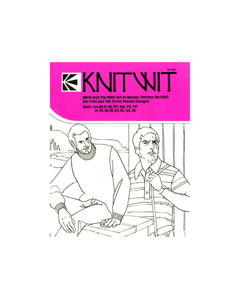 70s Mens' Knit Top with Set in Sleeves, Rib Trim & Tab Front Placket, Knitwit 9200, Multi-Size 34"-46", Vintage Sewing Pattern Reproduction