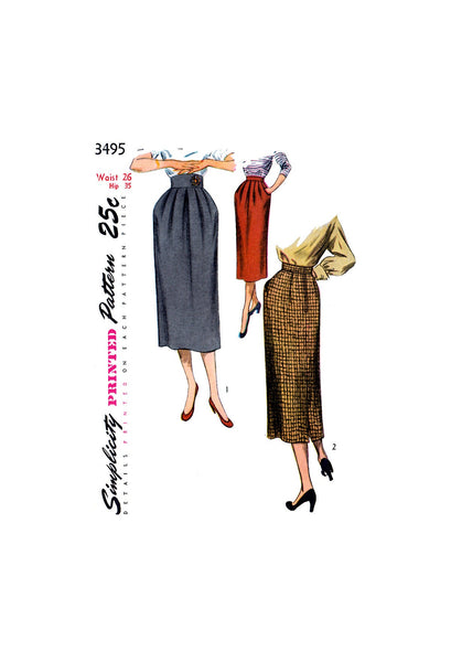 50s Slim Pegtop Skirt with Soft Pleats and Waistband Variations, Waist 26" Hip 35", Simplicity 3495 Vintage Sewing Pattern Reproduction