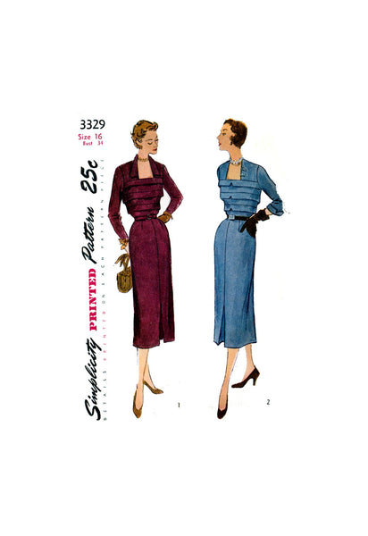 50s Dress with Tucked Bodice, Collar Variations and Four Gore Skirt, Bust 34" Waist 28", Simplicity 3329 Vintage Sewing Pattern Reproduction