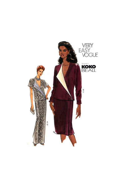 Vogue 7493 Koko Beall  Loose FItting Wrap Top with Long or Short Sleeves & Skirt in Two Lengths, U/C, F/Folded, Sewing Pattern Size 14-18