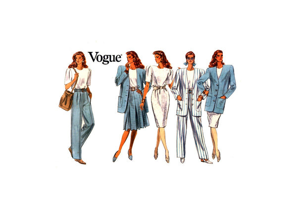 Vogue 2285 Below Hip Jacket, Straight Dress, Loose Fitting Top, Pleated Skirt and Pants, Uncut, Factory Folded, Sewing Pattern Size 8-12