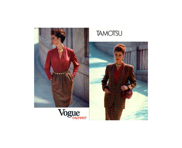 Vogue Career 2608 Tamotsu Lined, Below Hip Jacket, Blouse & Pleated, Tapered Skirt, Uncut, Factory Folded, Sewing Pattern Size 8-10-12