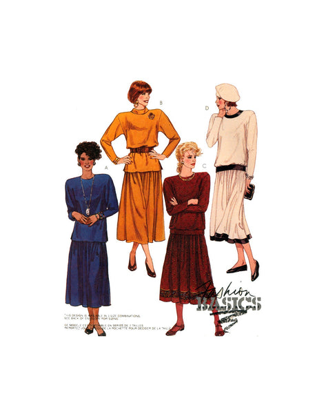 McCall's 4497 Two Piece Dress with Optional Trim: Long Sleeve Top, Skirt with Yoke, Uncut, Factory Folded, Sewing Pattern Size 10-12-14