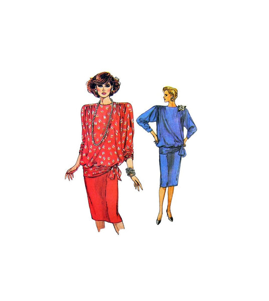 Vogue 9314 Loose Fitting Blouson Top with Tie Belt and Straight Skirt, Uncut, Factory Folded Sewing Pattern Size 8-10-12
