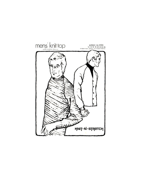 70s Mens' Knit Top or Cardigan with Raglan Sleeves, Knit-N-Stretch 310A, Multi-Size 12-26, High Quality Vintage Sewing Pattern Reproduction