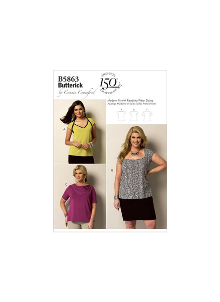 Butterick 5863 Connie Crawford Pullover Top with Neckline Variations, Uncut, Factory Folded Sewing Pattern Multi Size XS-XL
