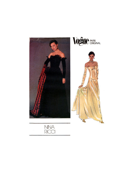 Vogue Paris Original 2604 Nina Ricci Strapless, Off-the-Shoulder, Fitted & Flared Dress with Stole, Partially Cut Sewing Pattern Size 12