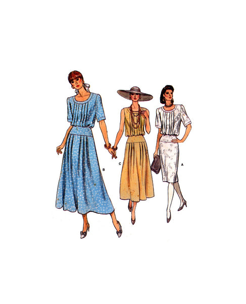 Vogue 9910 Sleeveless or Short Sleeve Blouson Bodice Dress with Straight or Flared Skirt, Uncut, Factory Folded Sewing Pattern Size 8-12