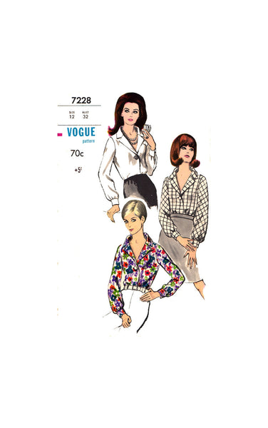 60s Blouse with Notched Collar and Full Length Bias Sleeves with Cuffs, Vogue 7228, Bust 32, Vintage Sewing Pattern Reproduction