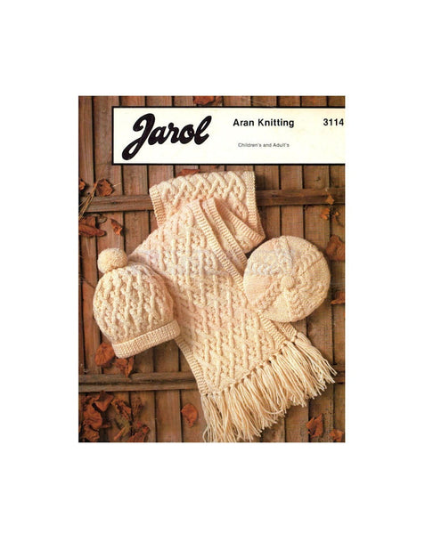 Jarol 3114 Aran Knitting Patterns For Hat, Scarf and Beret Instant Download PDF 4 pages