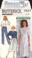 Butterick 3937 Loose Fitting Top with Long or Short Sleeves, Flared Skirt and Pleated Pants, Uncut, Factory Folded, Sewing Pattern Size 8-12