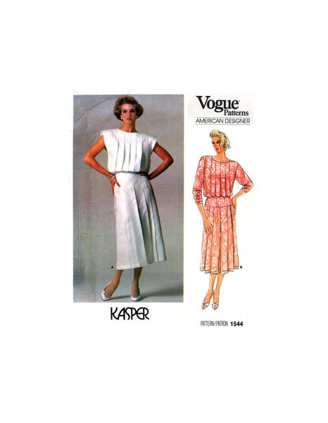 Vogue American Designer 1544 Kasper Pleated Blouson Bodice Dress with Two Sleeve Lengths Sewing Pattern, U/C, F/F Size 14 or Cut Size 10