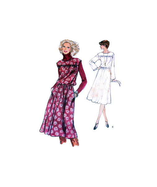 Vogue 9870 Sleeveless or Long Sleeved Pullover Blouson Bodice Dress with Oval Neckline, Sewing Pattern Size 16