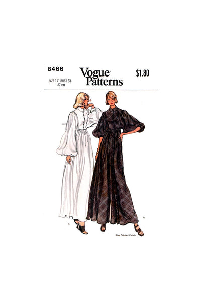 70s Boho Dress or Pantdress with Full or Half Bishop Sleeves, Bust 32.5" (83 cm) or 34" (87 cm), Vogue 8466, Sewing Pattern Reproduction